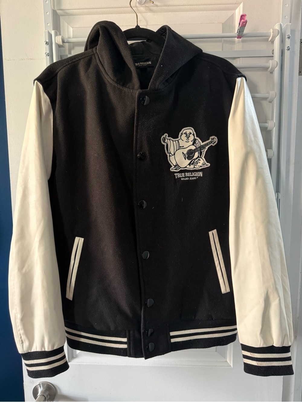 True Religion Black Hooded Button-Up Jacket with White Logo